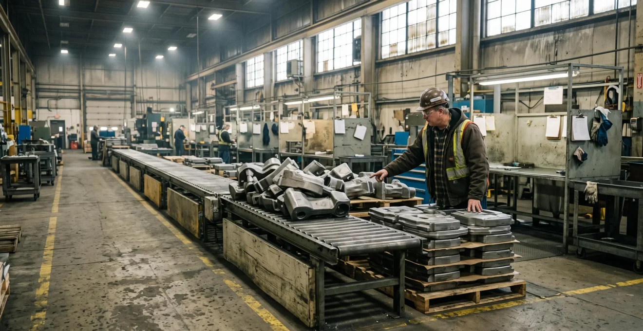 Un superviseur de production observe une pile de pièces en attente sur un convoyeur devant une station de travail d'une usine, tandis que les postes en aval sont peu occupés.
