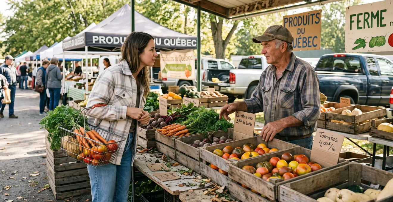 Une cliente échange avec un producteur à son kiosque de légumes sur un marché fermier canadien, panier rempli de carottes et de tomates.