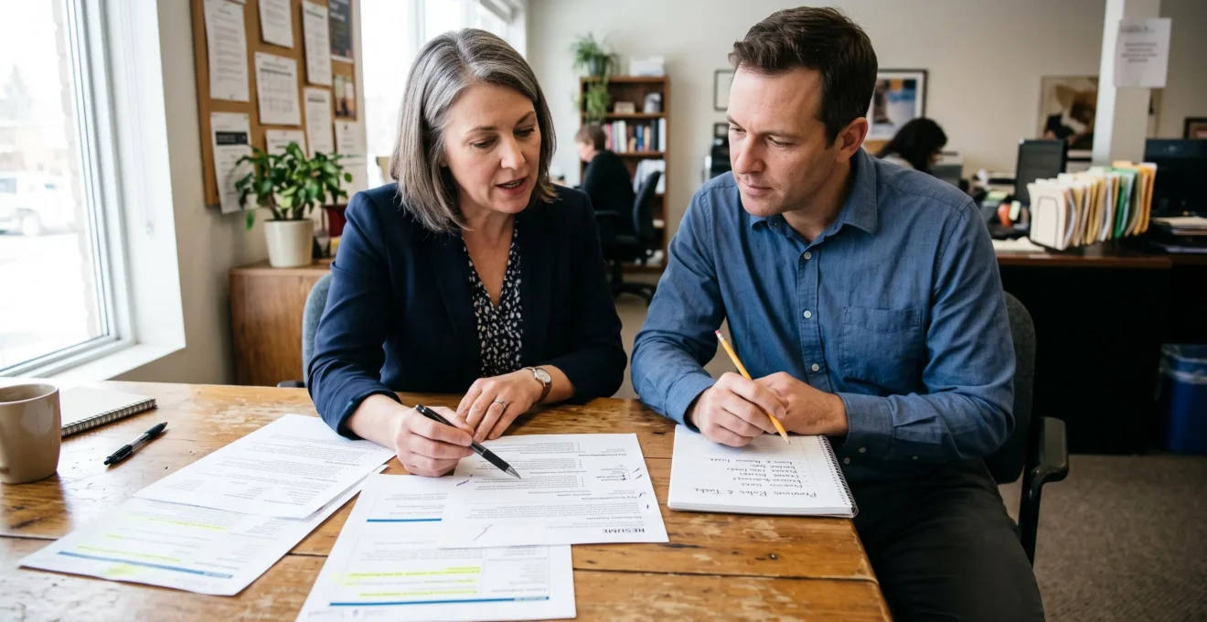 Une conseillère en emploi examine un curriculum vitae imprimé avec un adulte en reconversion professionnelle dans un bureau de services d'employabilité.