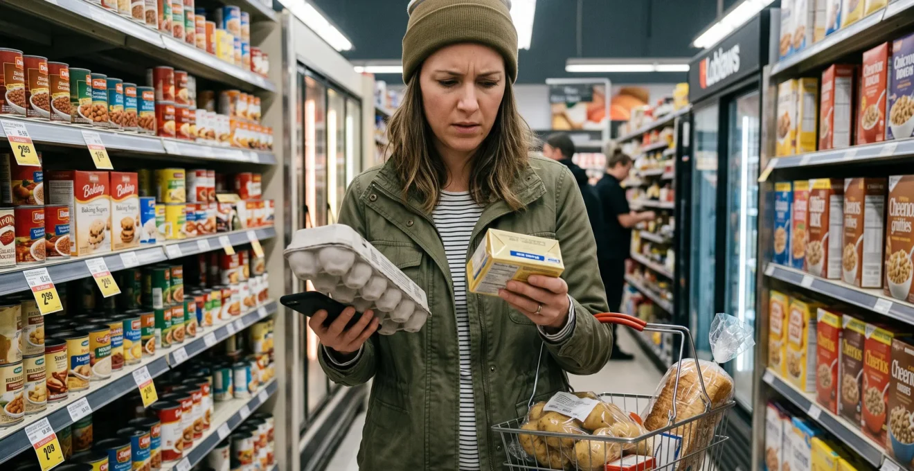 Une consommatrice dans une allée d'épicerie canadienne compare deux produits en examinant leurs emballages avant de choisir.