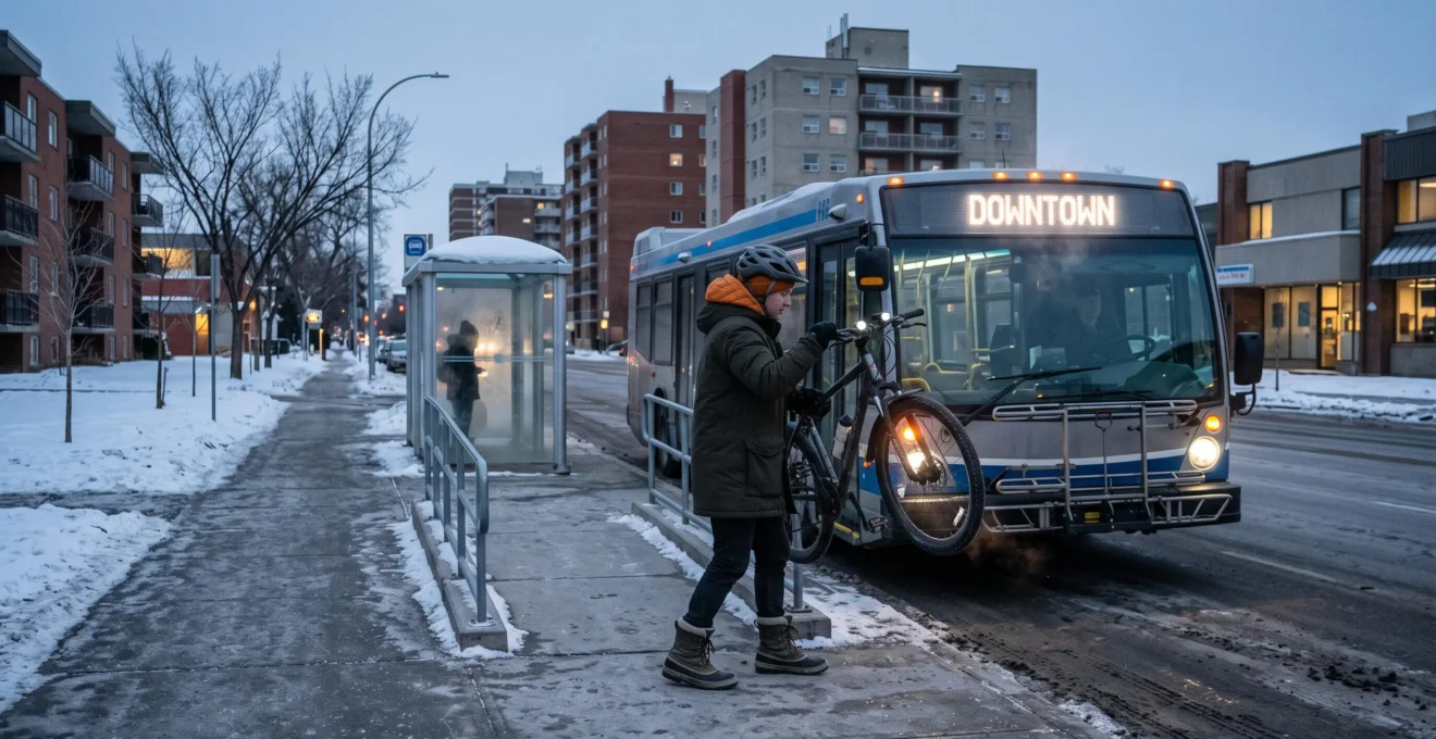 Un cycliste en habits d'hiver hisse son vélo sur le support avant d'un autobus urbain canadien, enneigé au loin.