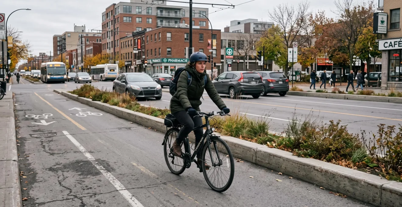 Un cycliste circule sur une piste cyclable protégée par une bordure de béton, à côté d'une artère urbaine à circulation modérée.