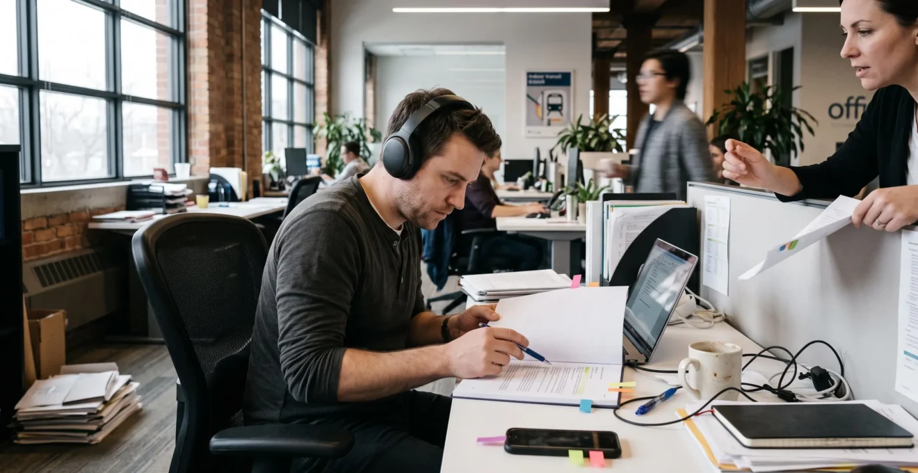 Un employé de bureau travaille avec un casque sur les oreilles pendant qu'un collègue s'approche de son bureau pour lui adresser la parole.