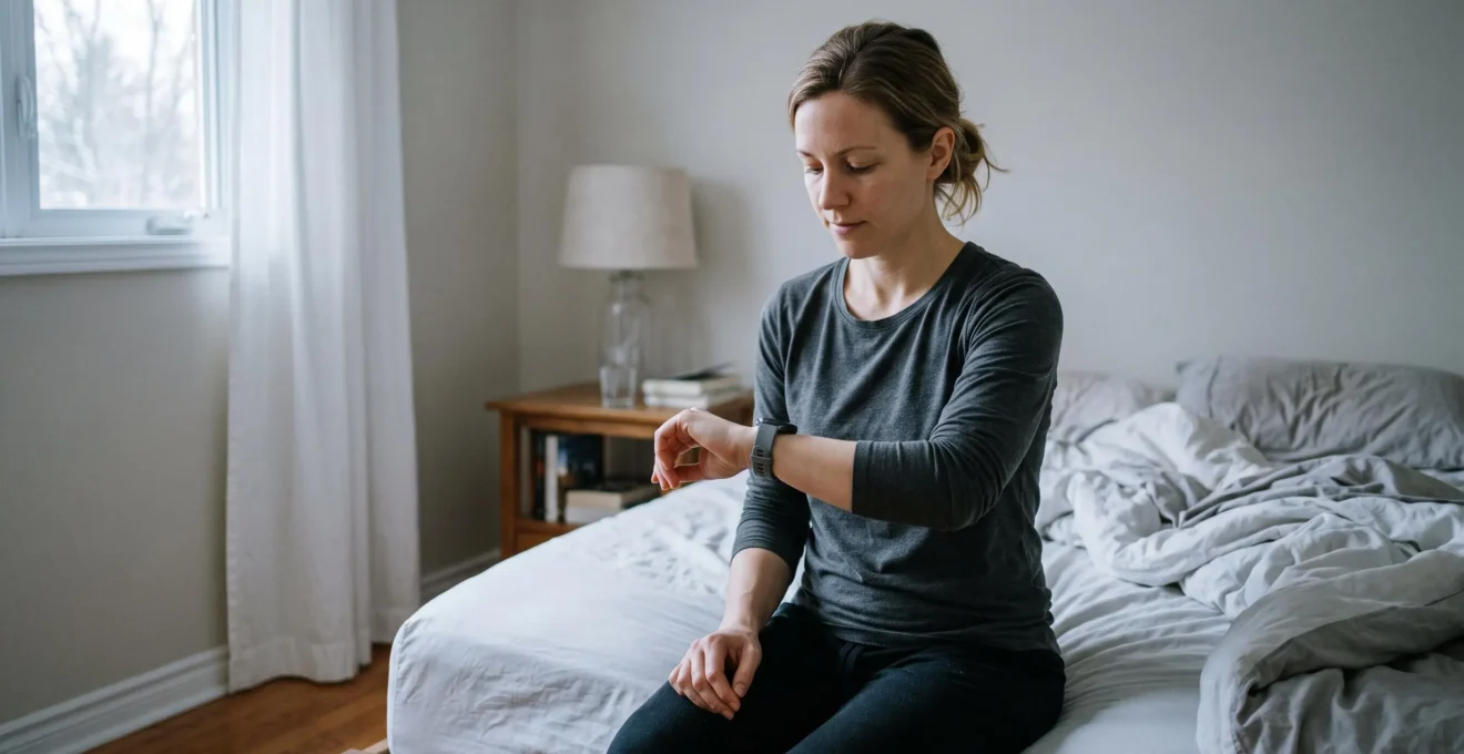 Une femme assise au bord de son lit regarde un récapitulatif de sommeil affiché sur sa montre connectée, dans une chambre éclairée par la lumière du matin.