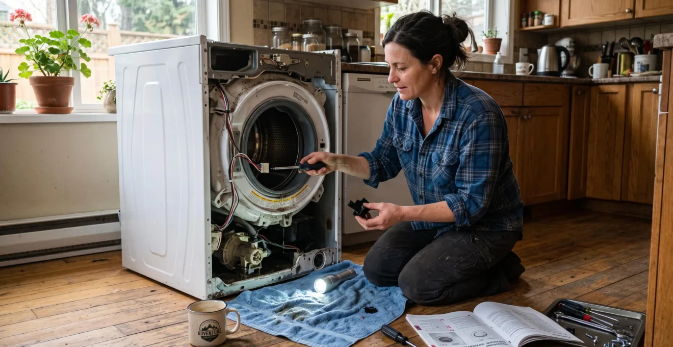 Une femme répare elle-même le panneau avant de son lave-linge dans la cuisine de sa maison.