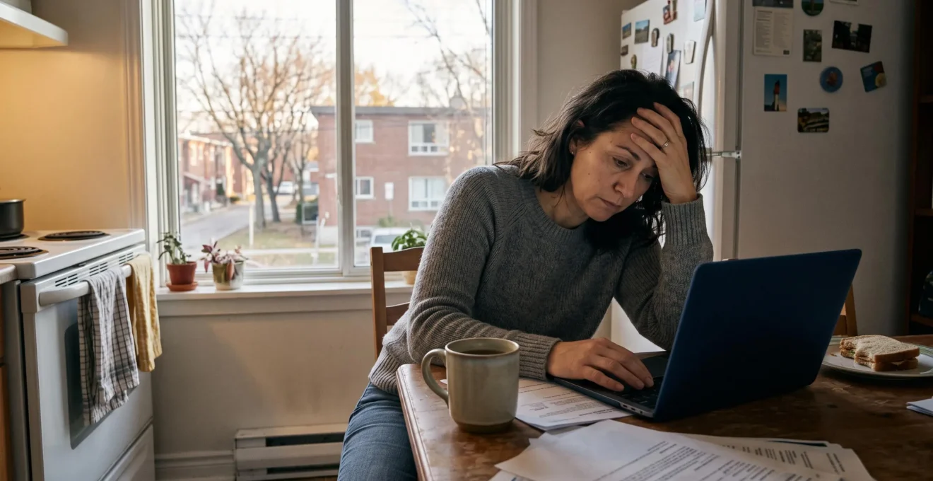 Une femme assise à une table de cuisine semble fatiguée, la main sur le front, près d'un ordinateur portable fermé et d'une tasse de thé untouched