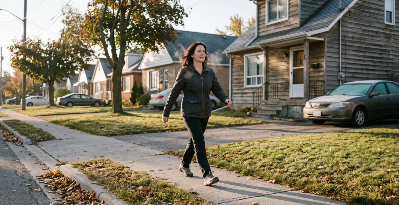 Une femme marche d'un pas rapide sur le trottoir d'un quartier résidentiel canadien tôt le matin, intégrée à sa routine quotidienne.