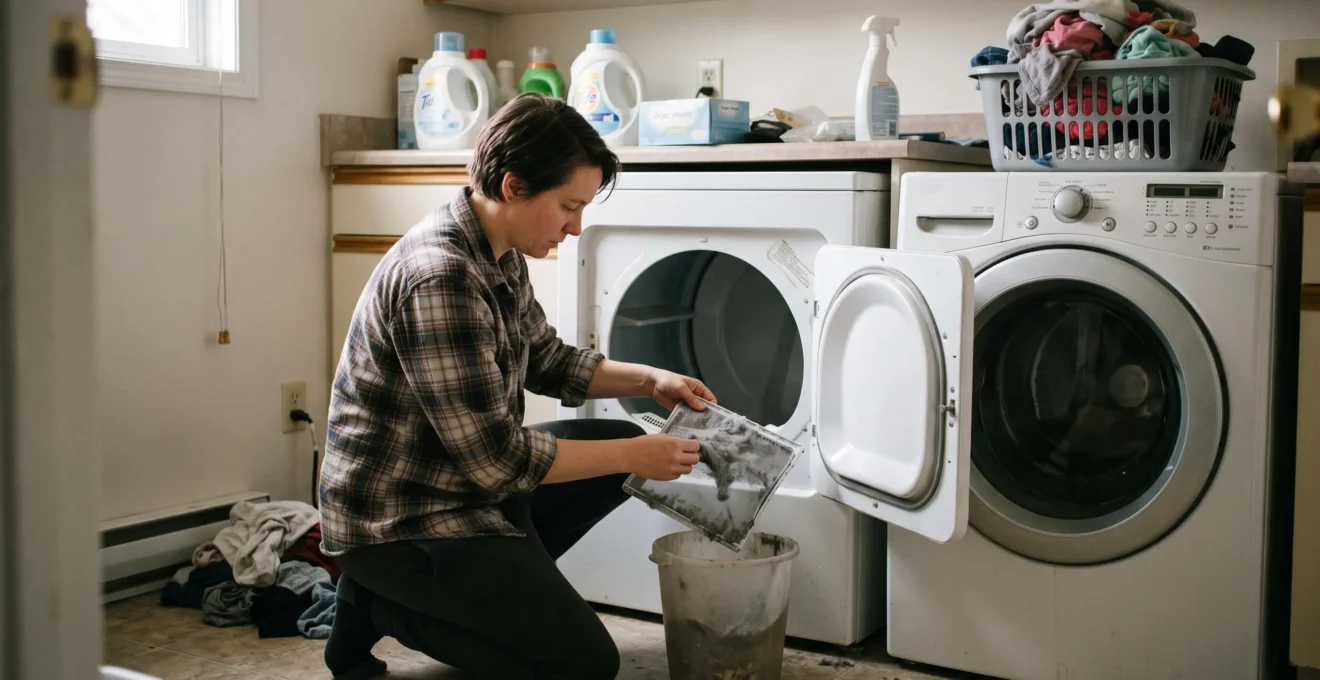 Une personne retire la poussière accumulée sur le filtre de sa sécheuse dans une buanderie domestique.