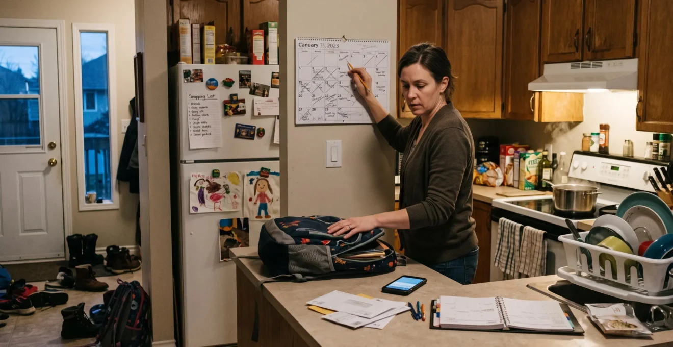 Un parent dans une cuisine familiale coordonne le calendrier familial, un sac d'école et le souper au comptoir.