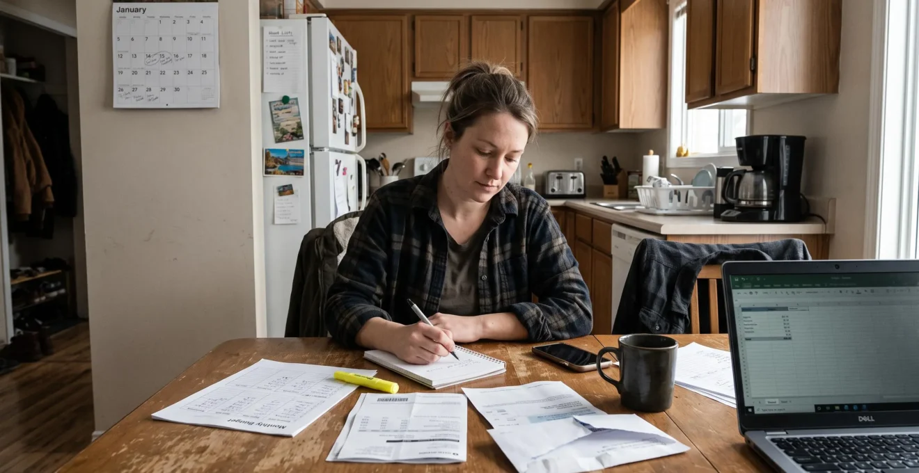 Une personne assise à la table de la cuisine examine un budget mensuel sur papier et quelques factures, avec un ordinateur portable ouvert et un calendrier mural en arrière-plan.