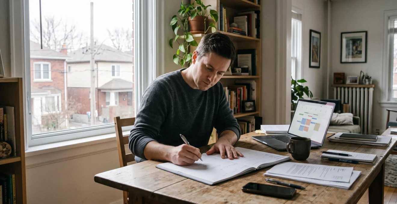 Une personne assise à son bureau planifie sa semaine dans un agenda papier ouvert, un ordinateur portable et des documents posés à côté.