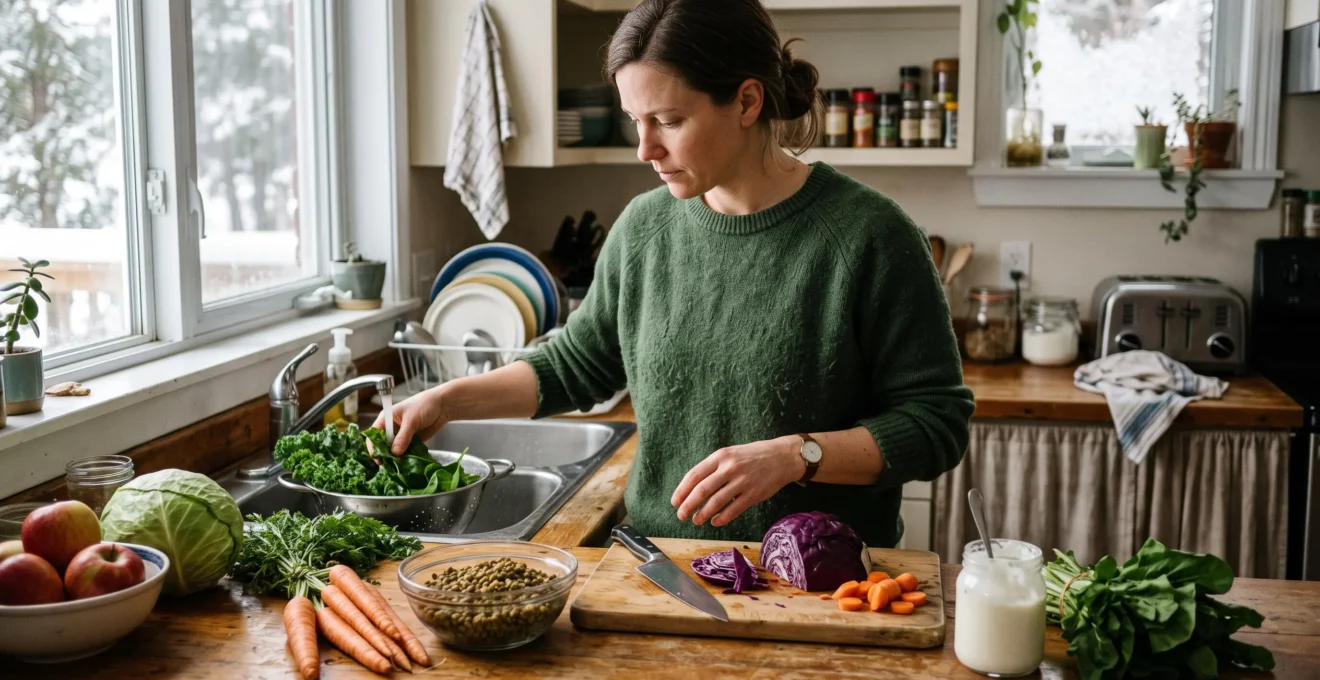 Une personne prépare un repas varié avec des légumes, des lentilles et du yogourt sur un comptoir de cuisine.