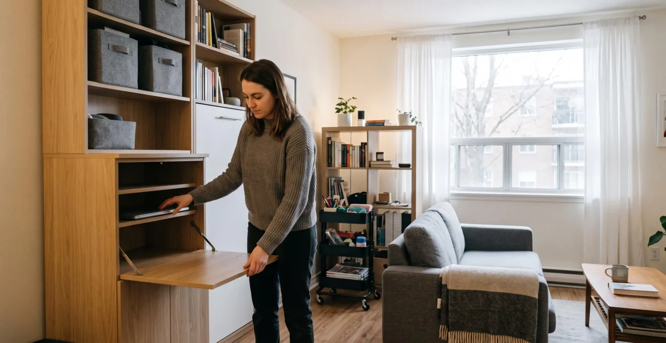 Une femme range son ordinateur portable dans un meuble fermé et replie son bureau dans un salon aménagé pour servir à la fois de pièce de vie et de poste de travail.