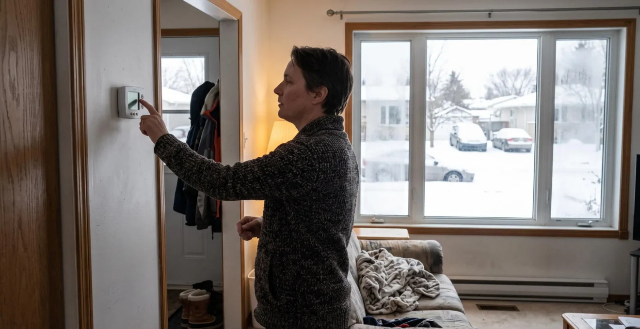 Une personne règle le thermostat mural de son salon pendant que la neige couvre la rue visible par la fenêtre.