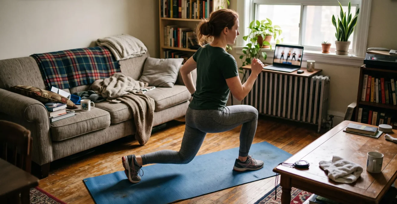 Une personne fait des fentes sur un tapis de yoga dans son salon en pleine matinée, avec un chronomètre posé sur la table basse.