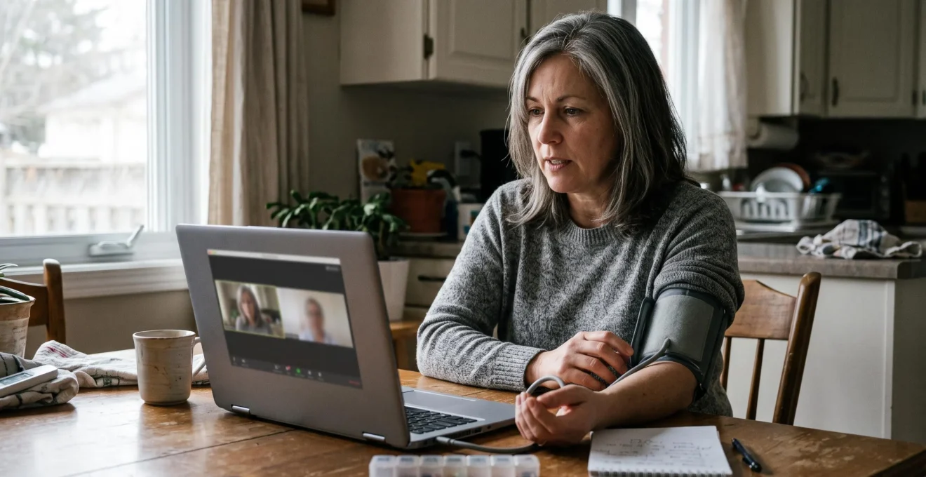 Une femme suit une téléconsultation médicale à la table de sa cuisine, tensiomètre au bras, en regardant l'écran de son ordinateur portable.