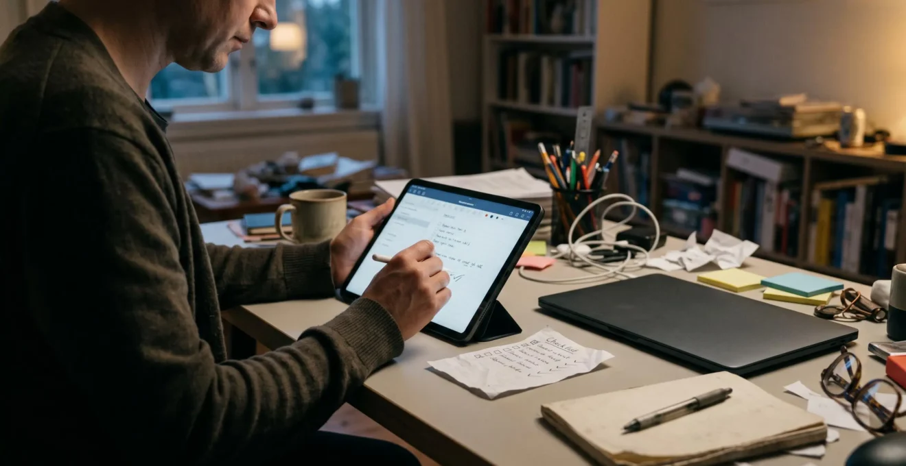 Une personne teste une application spécialisée sur sa tablette à un bureau domestique, avec un carnet de notes papier à côté.