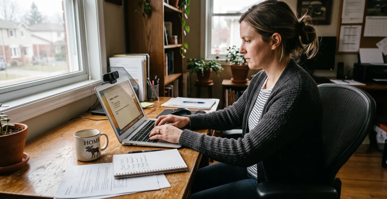 Une personne travaille chez elle en rédigeant une mise à jour écrite sur son ordinateur portable, la caméra de visioconférence éteinte à côté du clavier.