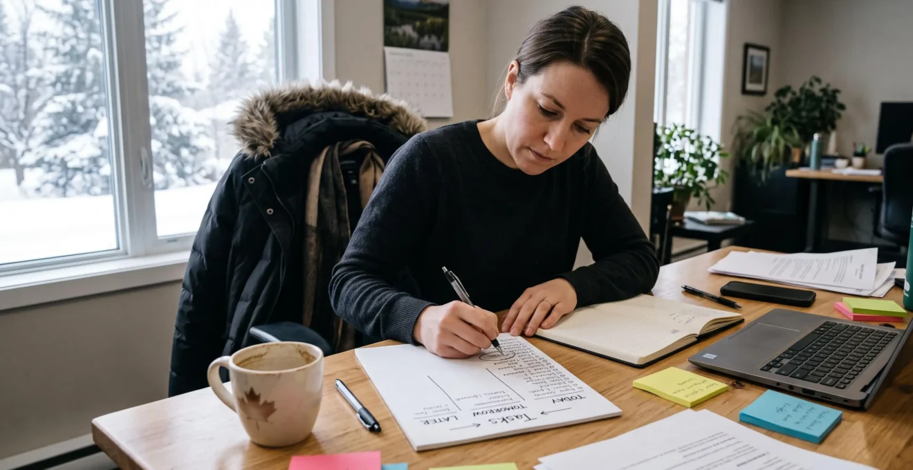 Une personne au bureau trie une longue liste de tâches écrite sur papier en trois colonnes de priorités, dans un bureau éclairé par la lumière d'hiver.