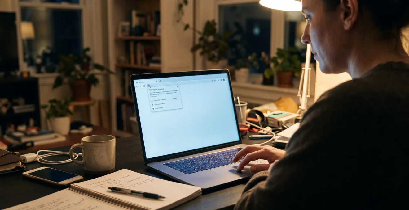 Une personne vérifie les détails de connexion de son navigateur en cliquant sur l'icône de cadenas de la barre d'adresse, à son bureau à domicile.